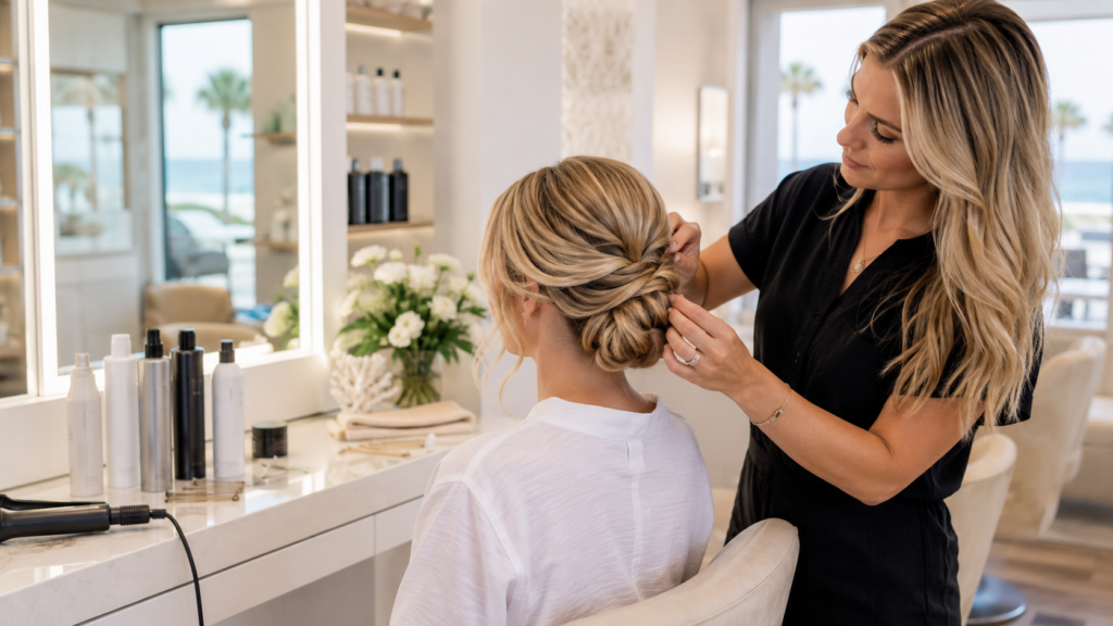 humidity proof hairstyles styled professionally for a 30A wedding